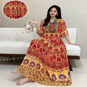Elegant Retro Style V-neck Tunic Large Swing Printed Dress Long Skirt