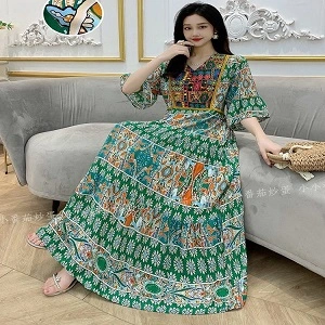 Elegant Retro Style V-neck Tunic Large Swing Printed Dress Long Skirt
