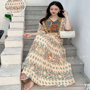 Elegant Retro Style V-neck Tunic Large Swing Printed Dress Long Skirt