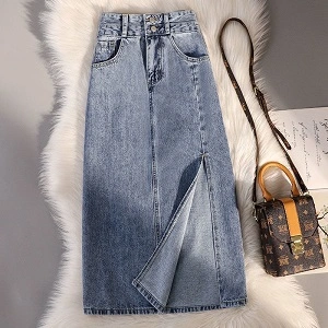 high-waist retro denim maxi skirt with a front slit